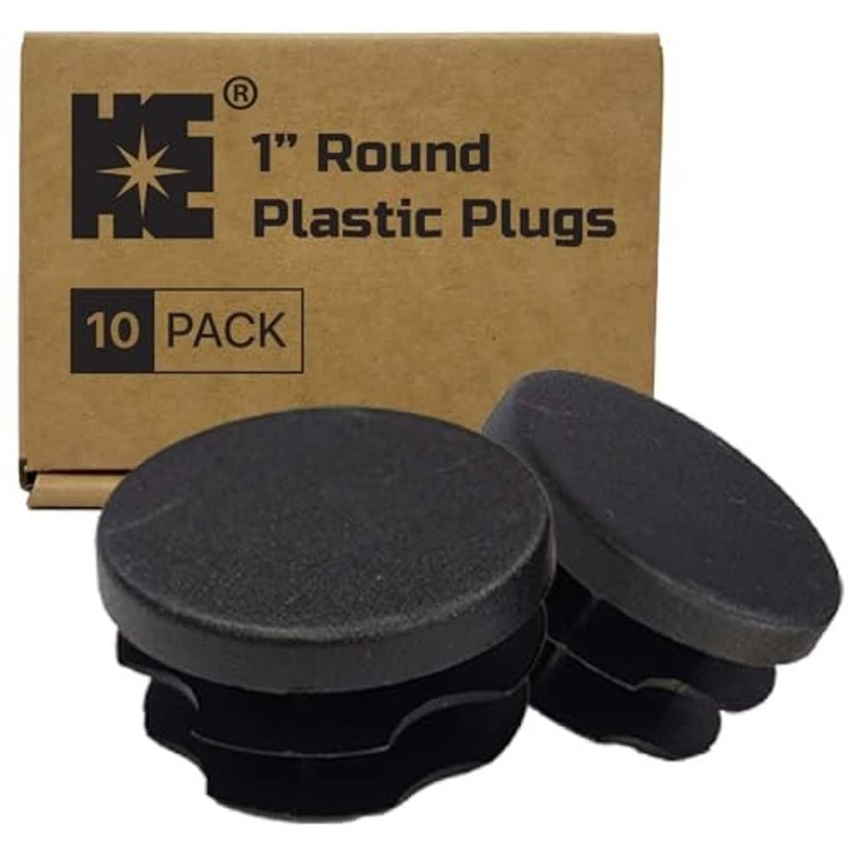 Cosmostar round plastic plugs, matte black caps with ridged base, 10-pack box shown