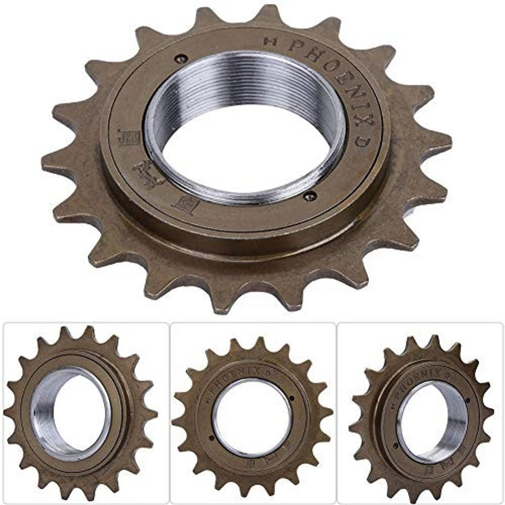 18-tooth freewheel sprocket shown in multiple angles, silver inner threads and dark bronze
