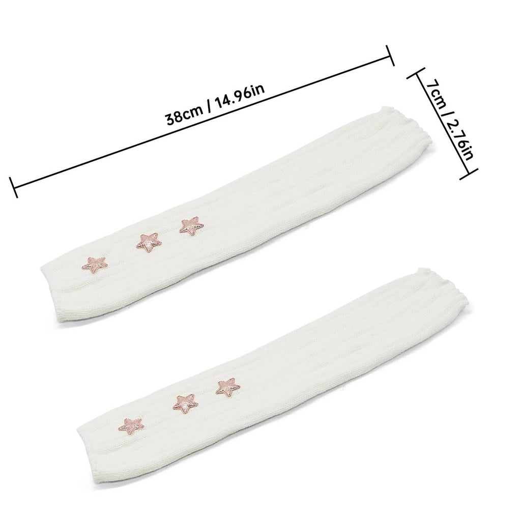 White knitted arm warmers with pink star motifs, 38 cm x 17 cm