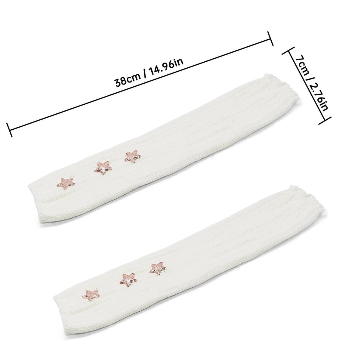 White knitted arm warmers with pink star motifs, 38 cm x 17 cm
