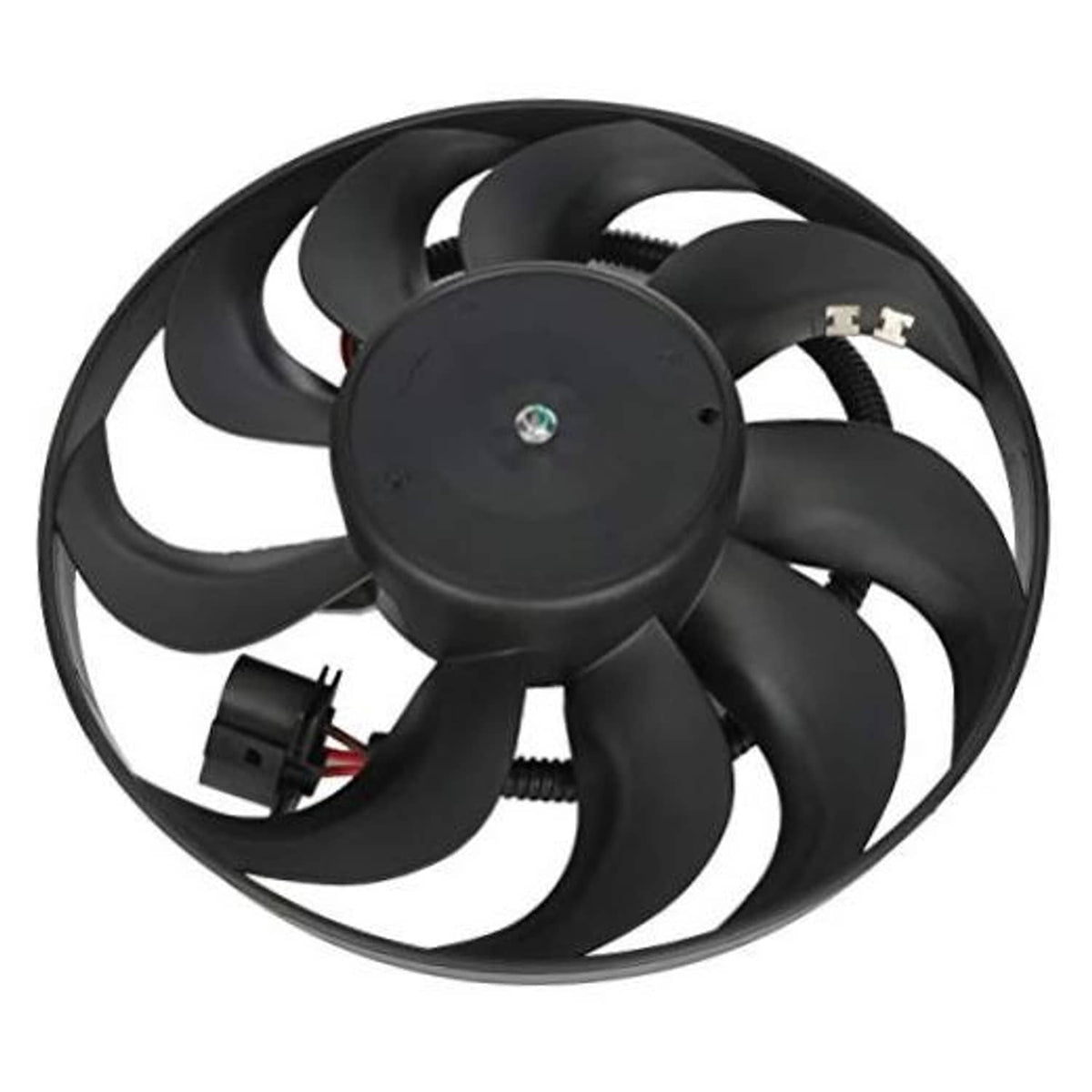 Condenser cooling fan assembly with black fan blades and circular motor hub
