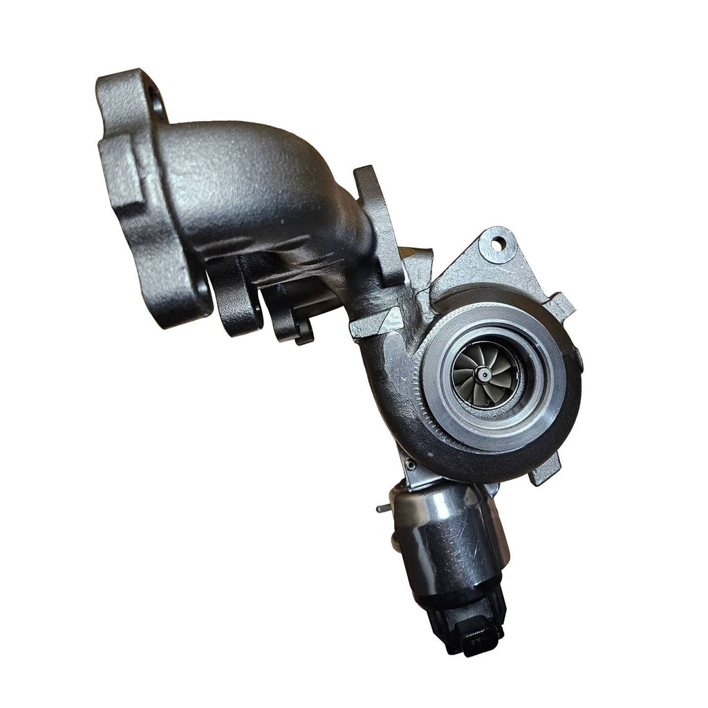 Turbocharger with wastegate actuator and compressor, silver housing and dark connectors