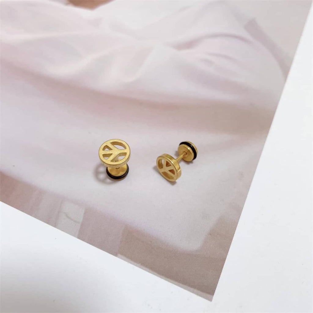 Gold-tone peace sign stud earrings with round disc front and black back posts