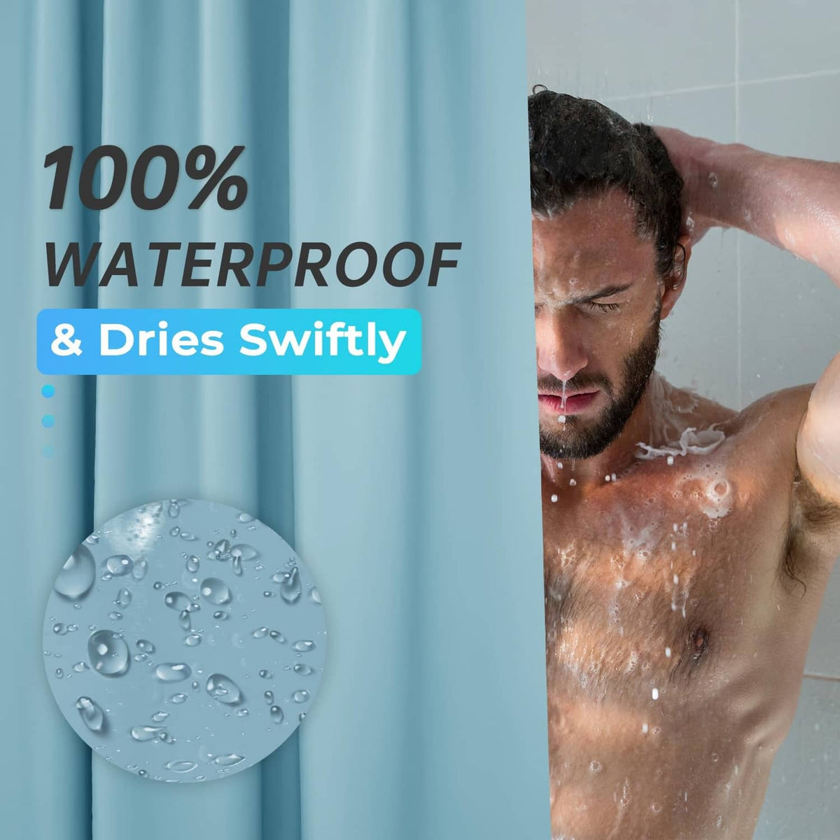 Teal waterproof shower curtain with visible water droplets on the fabric surface
