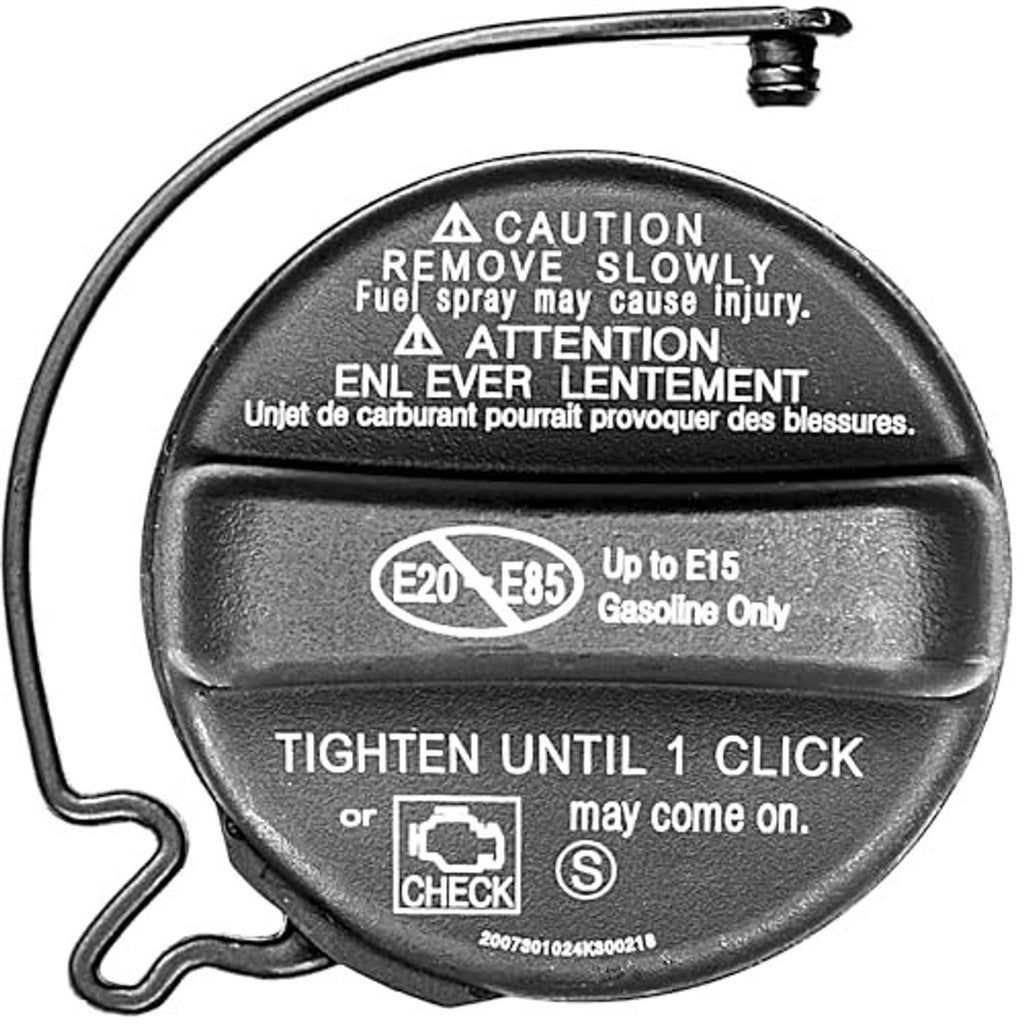 Black fuel gas cap with caution label, E20/E85 gasoline only marking and tether hose