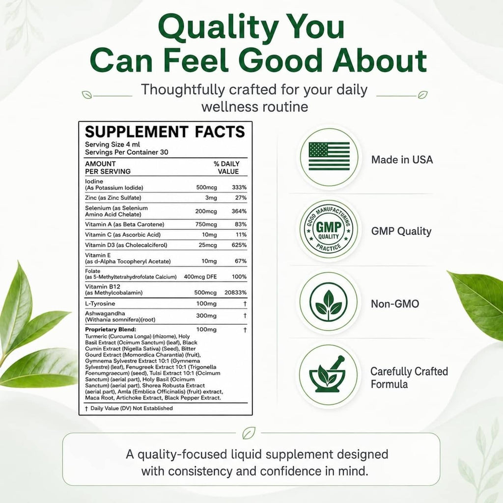 Supplement facts panel and wellness badges for liquid drops dietary supplement
