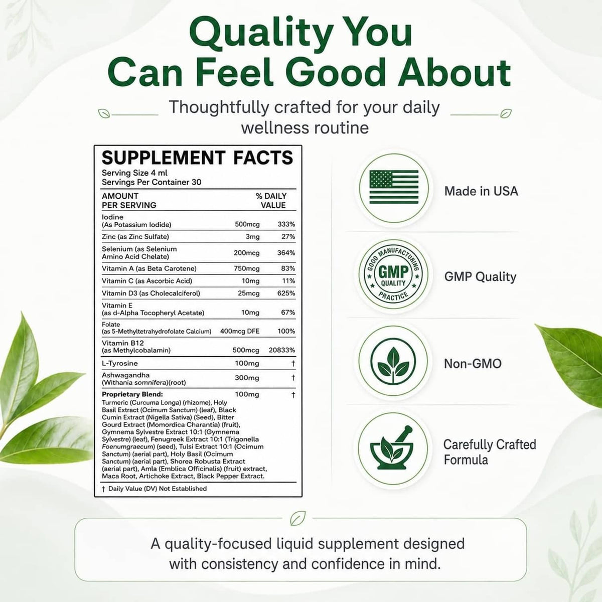 Supplement facts panel and wellness badges for liquid drops dietary supplement