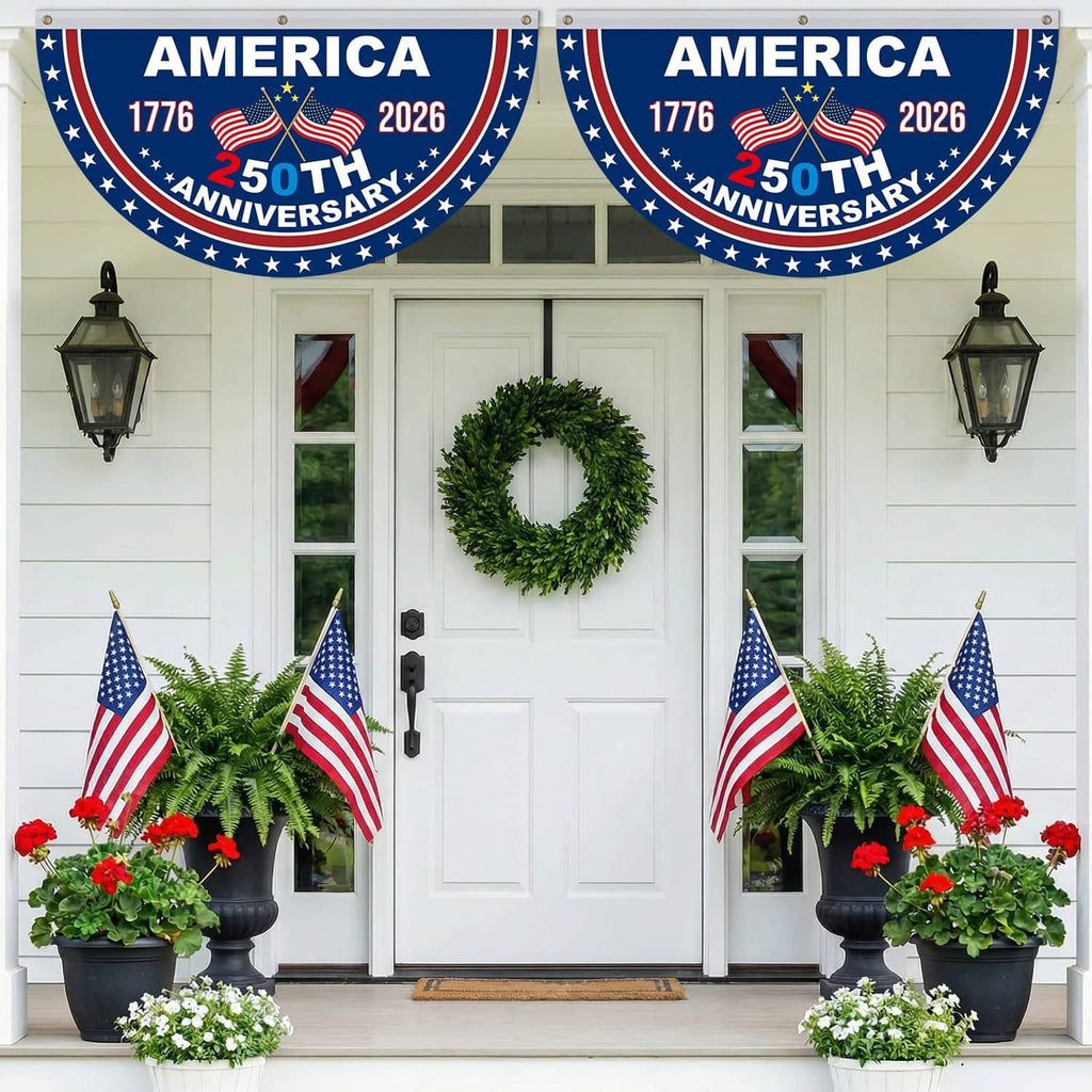 USA 250th anniversary bunting: two blue semicircle banners above white front door