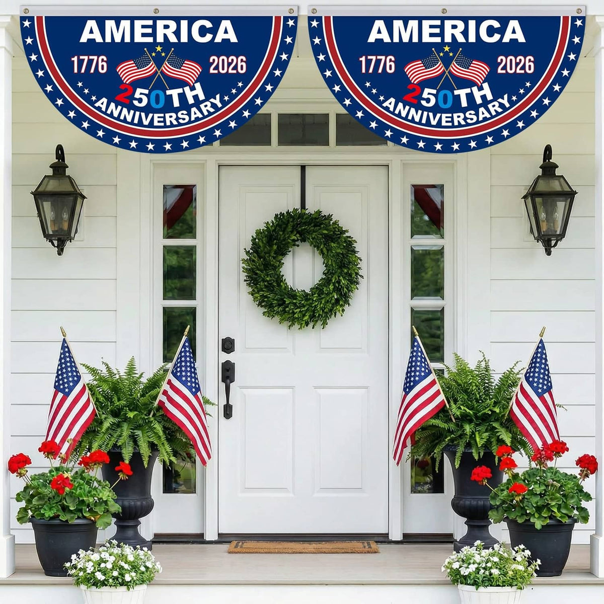 USA 250th anniversary bunting: two blue semicircle banners above white front door