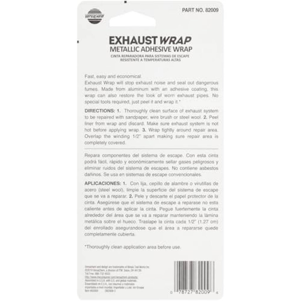 Versachem Exhaust Wrap instructions and warnings on back of 2 in x 40 in package