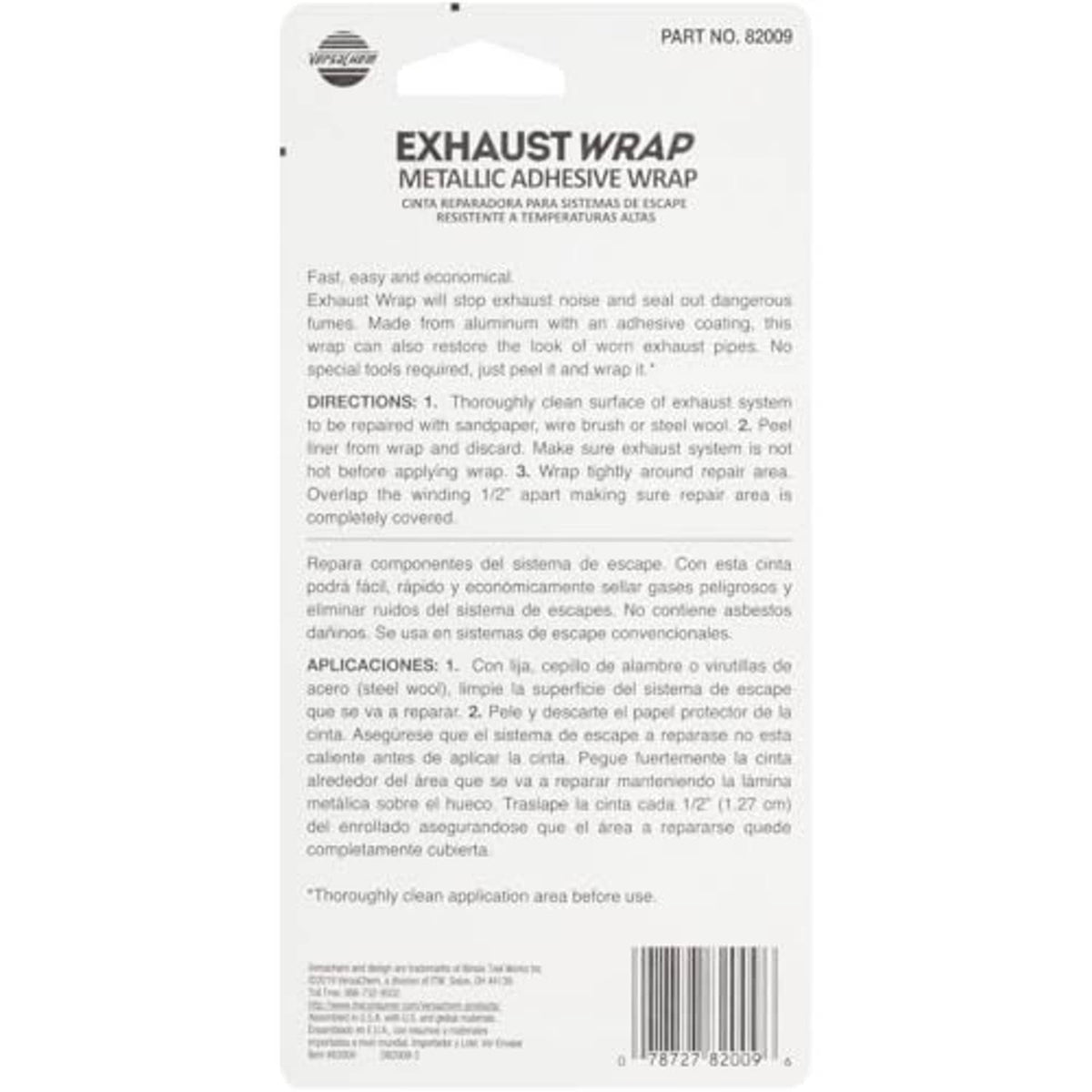 Versachem Exhaust Wrap instructions and warnings on back of 2 in x 40 in package
