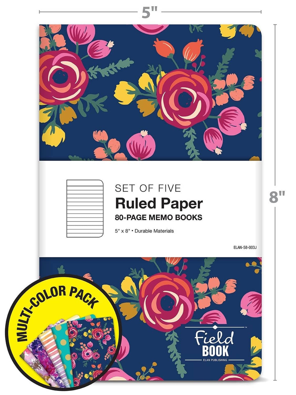 5x8 ruled notebook set of five, multicolor patterned covers