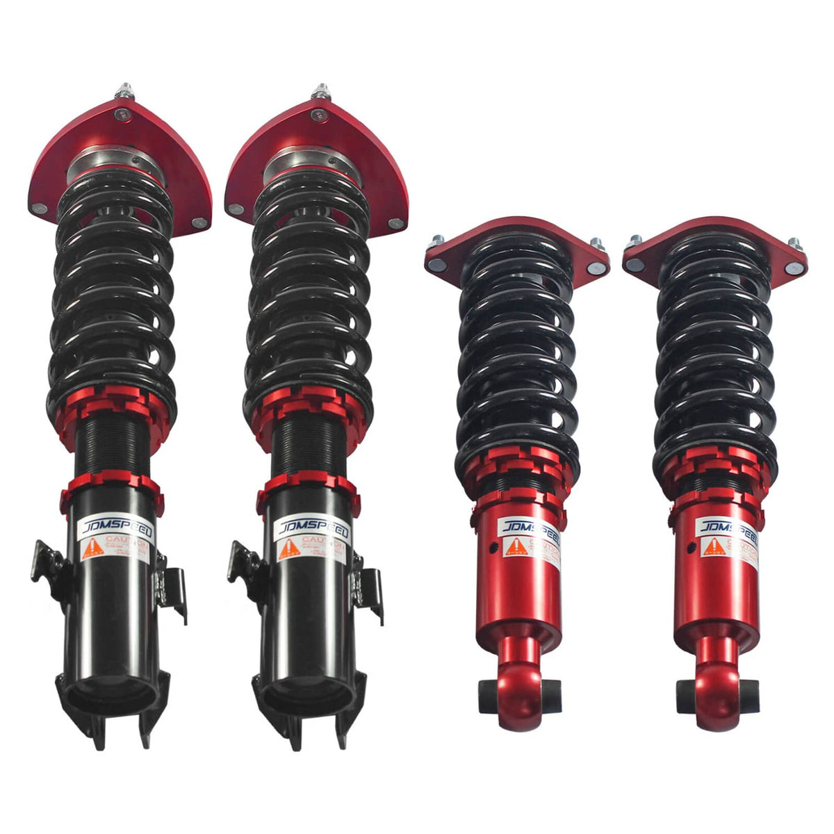 Adjustable coilover strut set with red top plates, black bodies, and black springs
