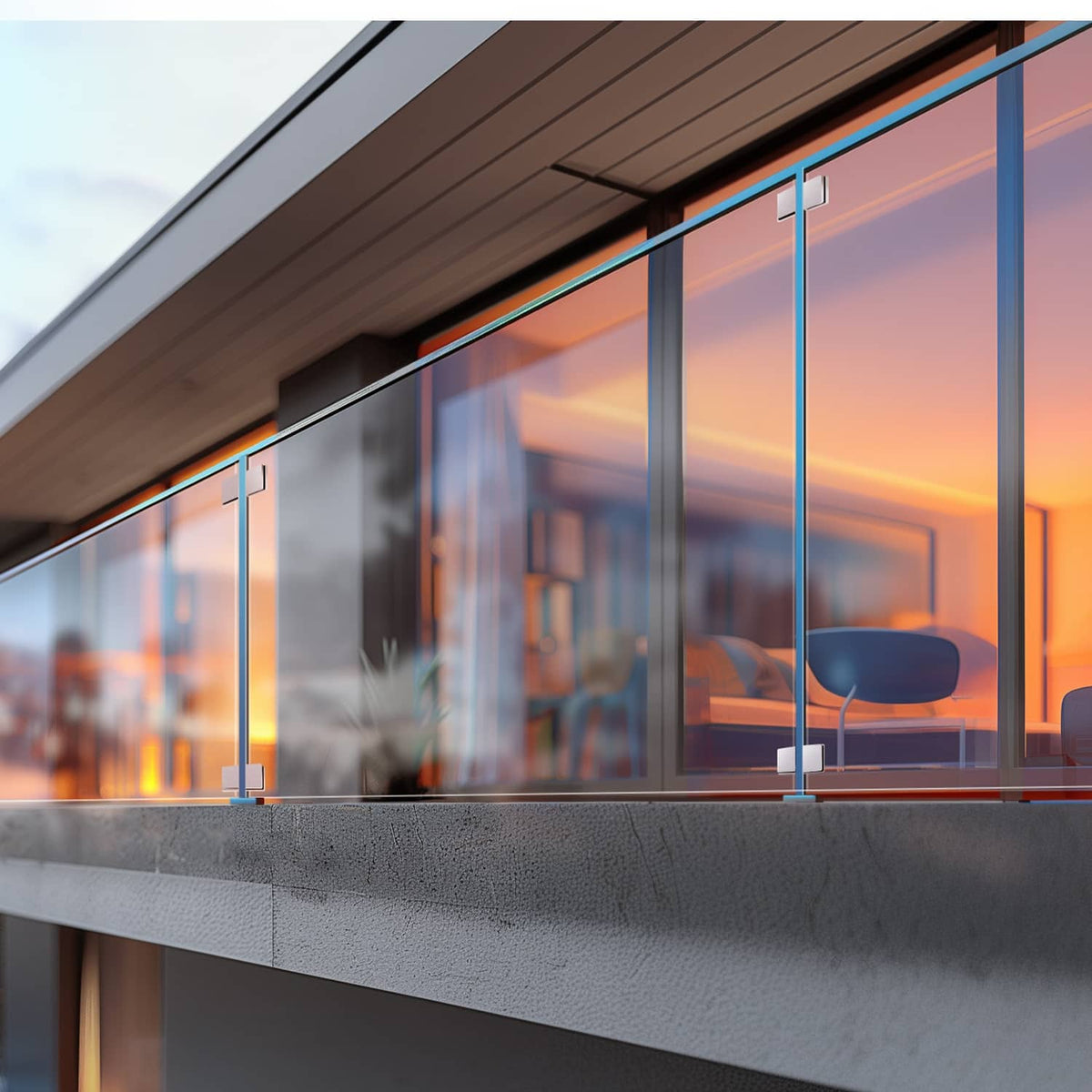 Stainless glass railing clamp securing a glass panel to a metal frame
