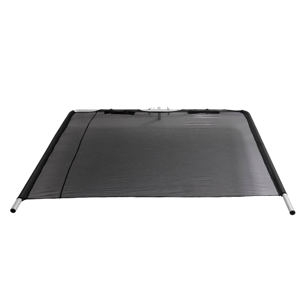 Boat sun shade with dark gray mesh canopy and black aluminum support legs