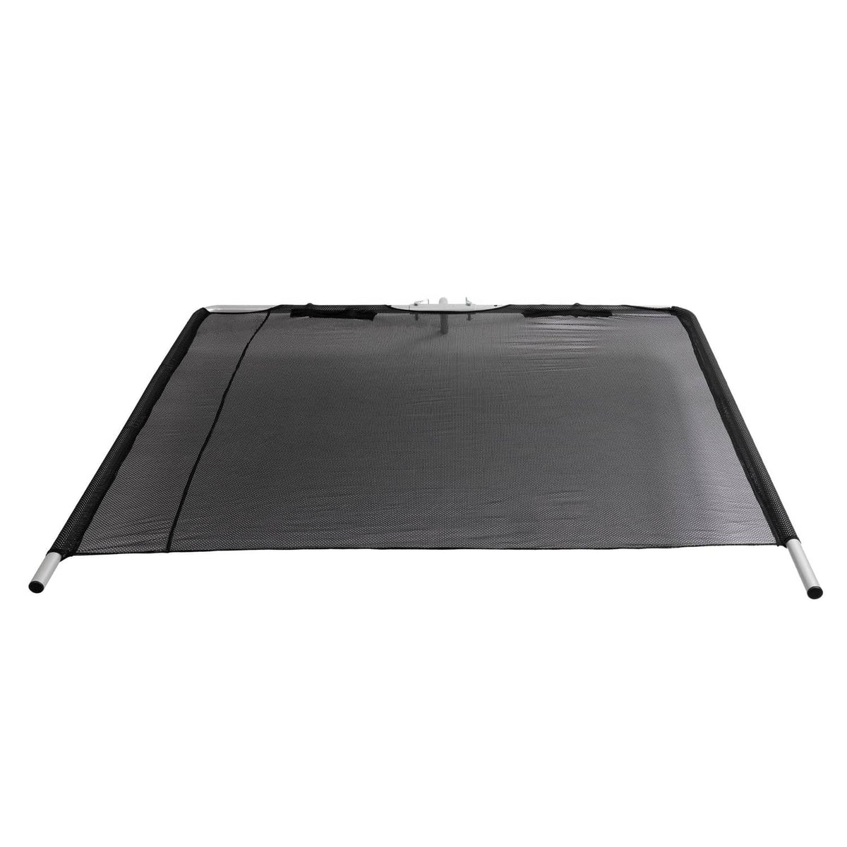 Boat sun shade with dark gray mesh canopy and black aluminum support legs
