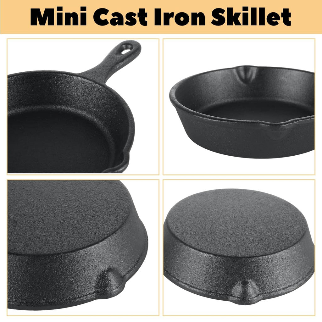 Black mini cast iron skillet close-ups of interior, handle, and rim