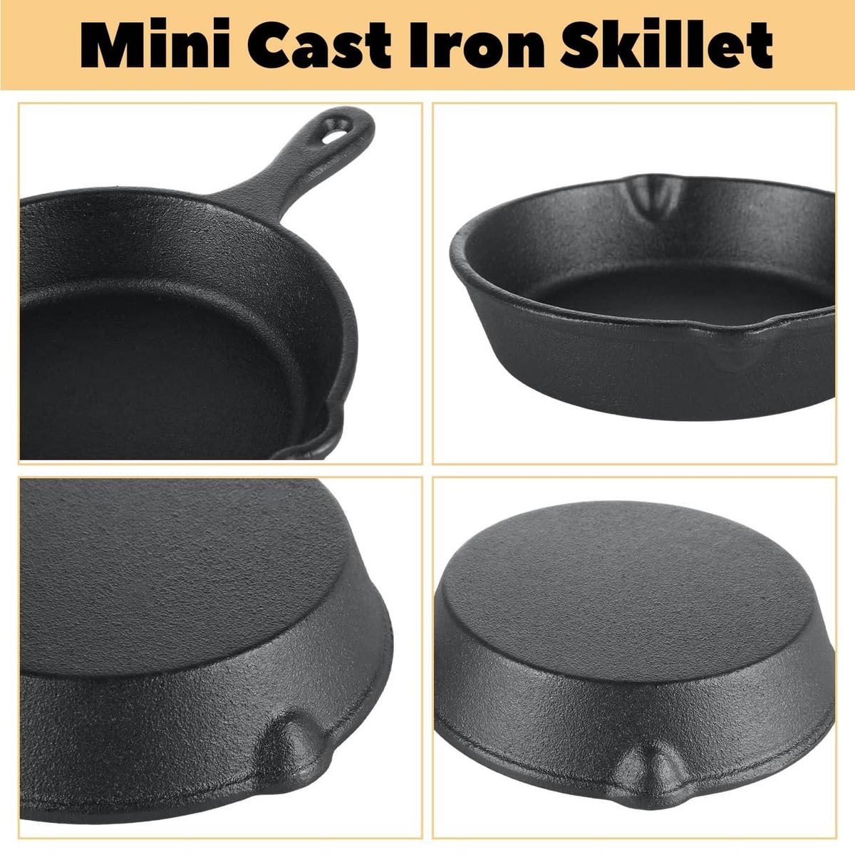 Black mini cast iron skillet close-ups of interior, handle, and rim