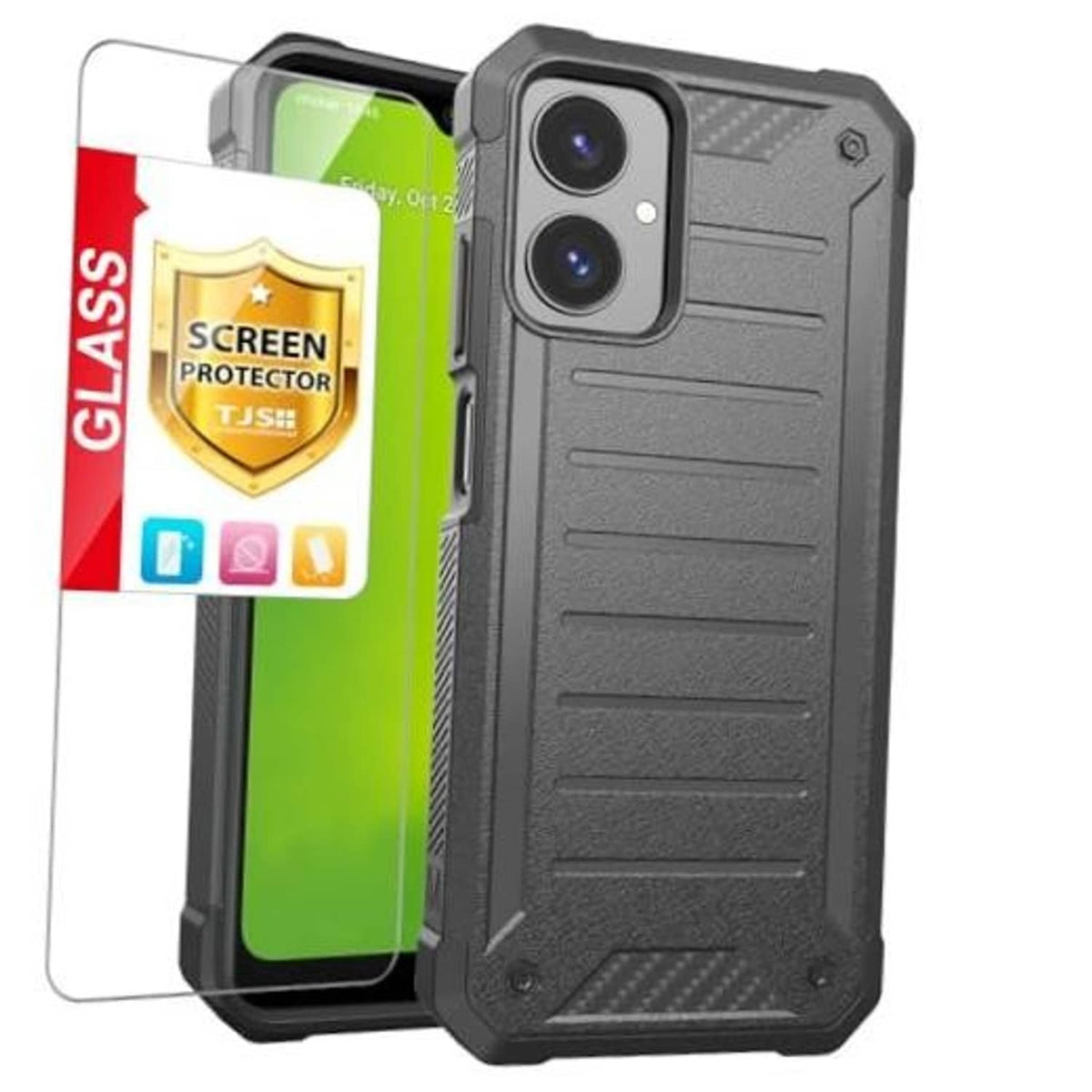 Gray rugged phone case with raised camera bezel, textured grips, and clear screen protector