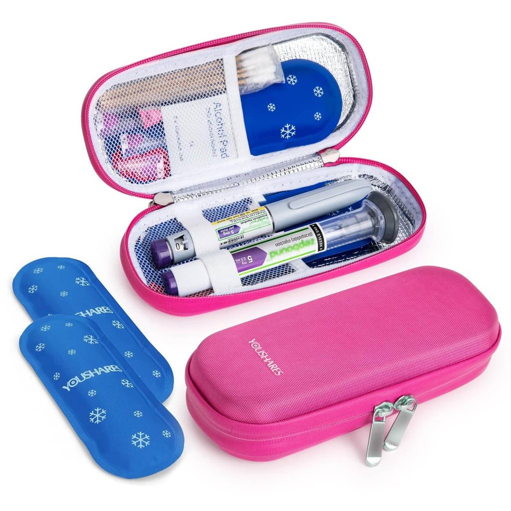 Bright pink cooler travel case with zip open; mesh pockets and blue insulated ice pack