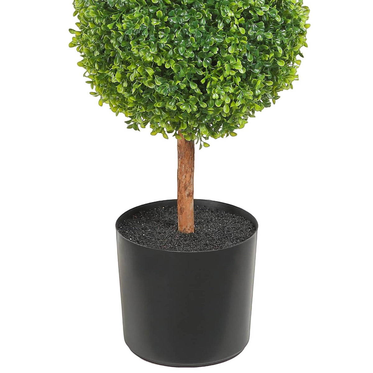 Artificial topiary tree in black round pot with bright green rounded canopy