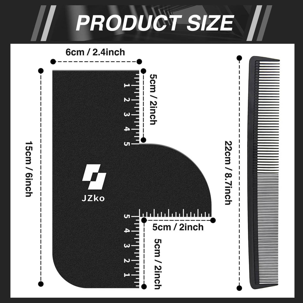 Black hairline shaping card set with measuring ruler teeth, for barber use