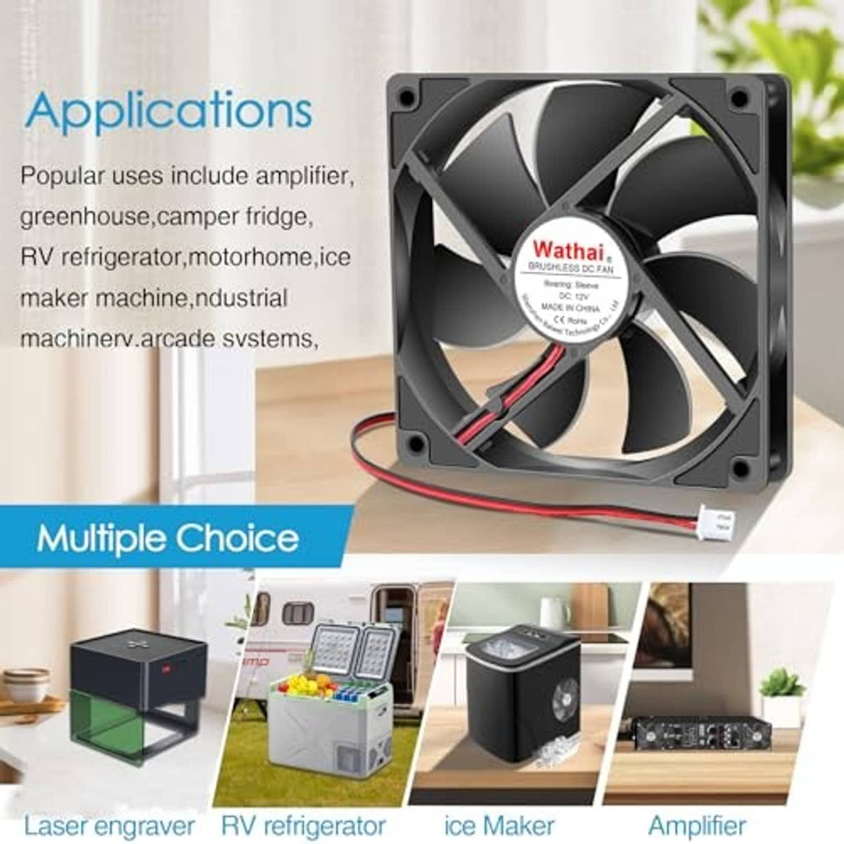 Black 120mm cooling fan with circular blades, silver hub, and 2-pin DC connector