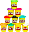 Stacked Play-Doh modeling compound tubs in assorted colors