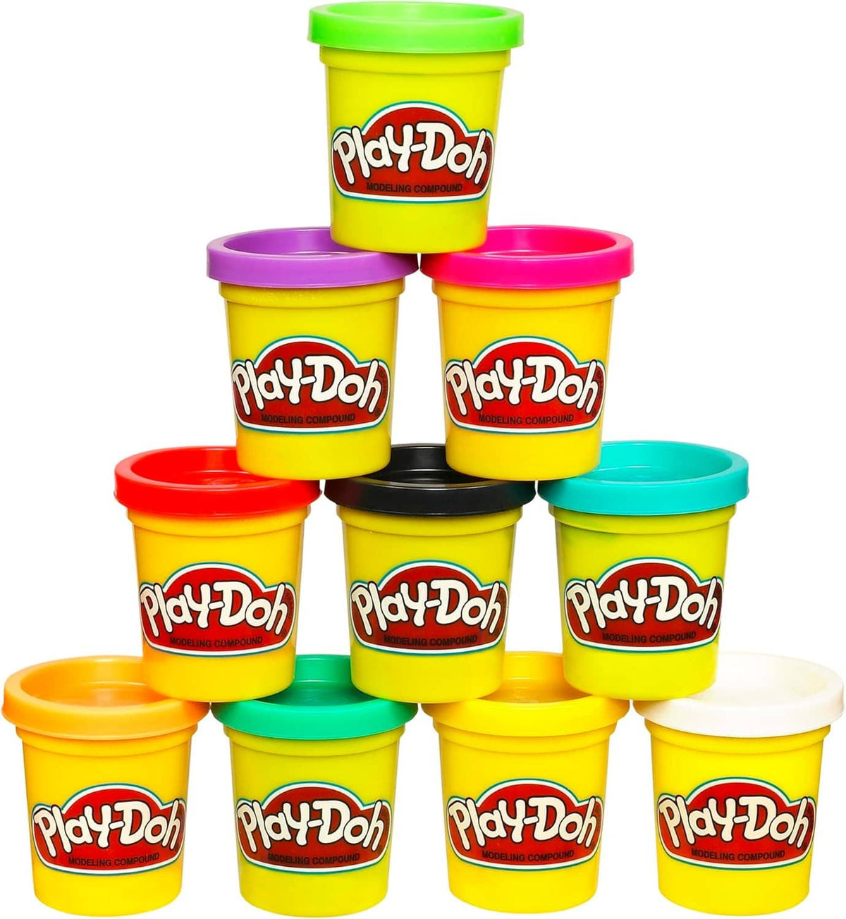 Stacked Play-Doh modeling compound tubs in assorted colors
