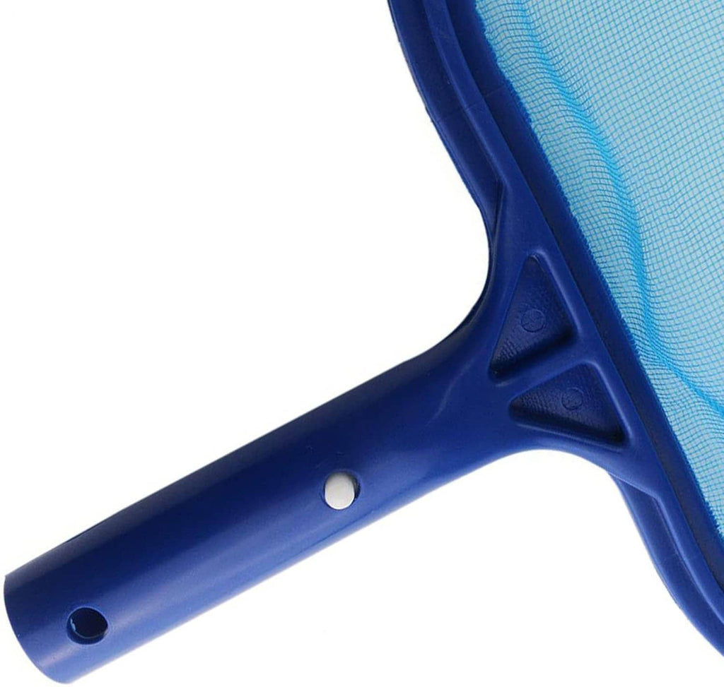 Blue pool skimmer leaf rake handle with mounting holes and triangular frame detail