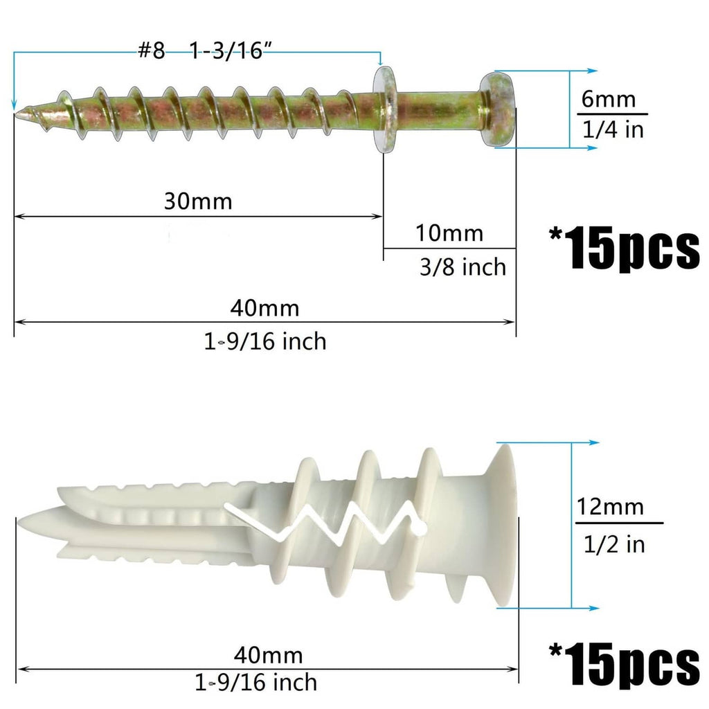 Gold screw drywall anchor with white plastic expansion plug, mounted view
