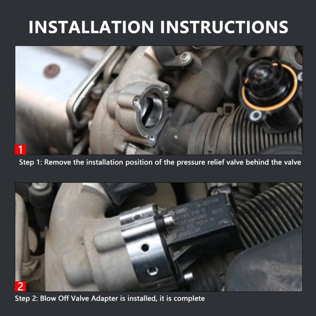 Black blow off valve adapter installed with visible mounting hardware on engine