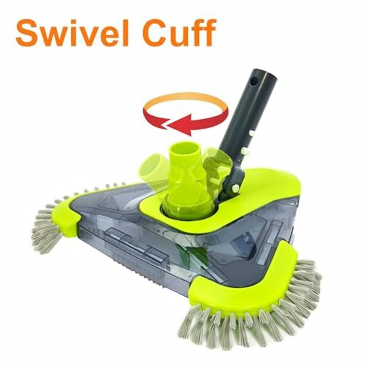 Pool vacuum head with swivel cuff and gray perimeter brushes on a green base
