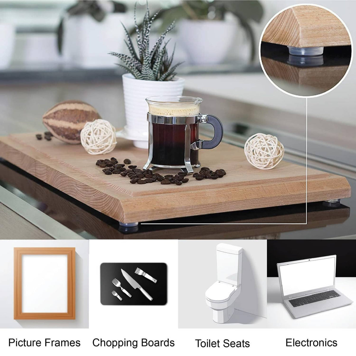 Clear bumper pad on wooden surface edge; small contact area inset view.