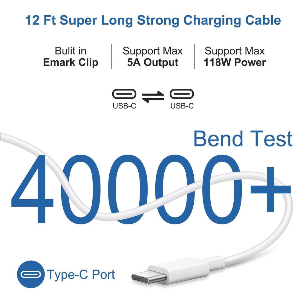 White USB-C cable with Type-C connector and long 12 ft length, bend-tested