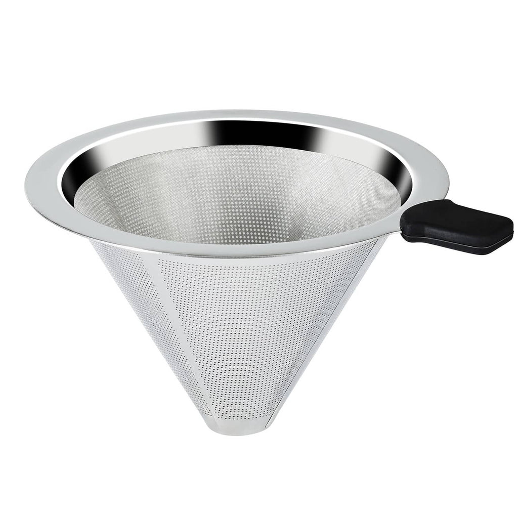 Stainless steel pour-over coffee cone dripper with fine mesh filter and black handle
