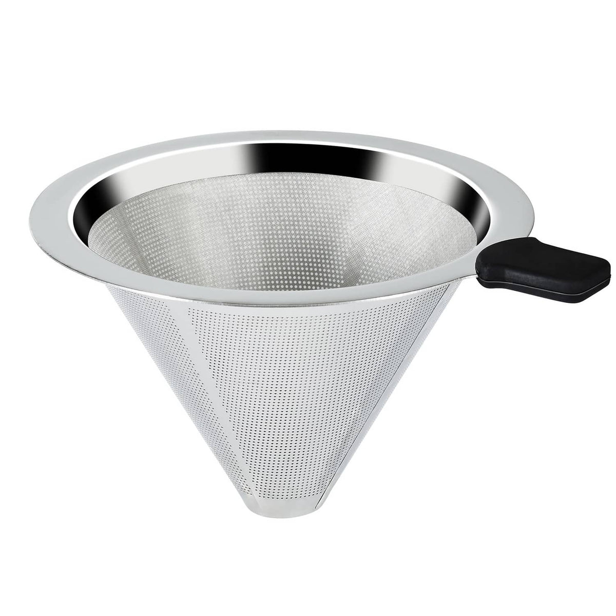 Stainless steel pour-over coffee cone dripper with fine mesh filter and black handle