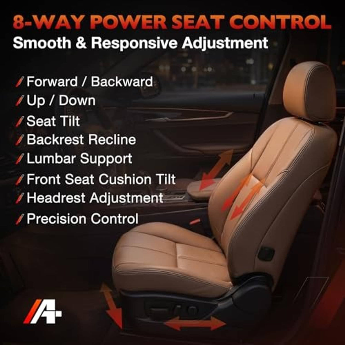 Power seat adjustment feature graphic with visible seat and control directions