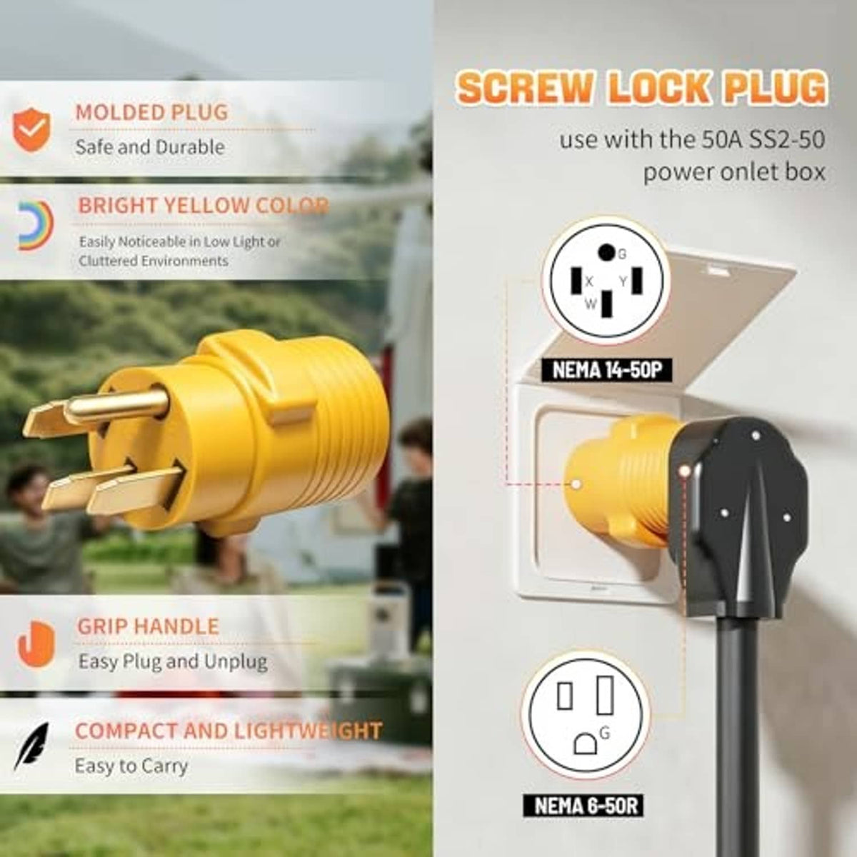 Yellow molded adapter plug with textured handle and metal side prongs