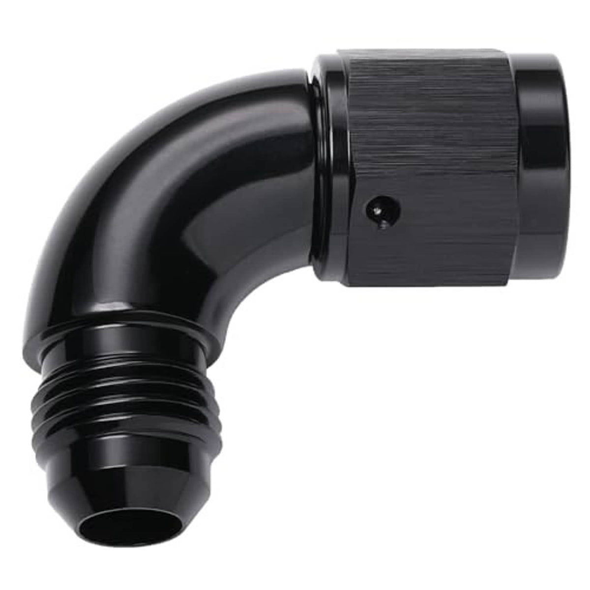 Black 90-degree AN adapter fitting with brushed finish clamp-style nut