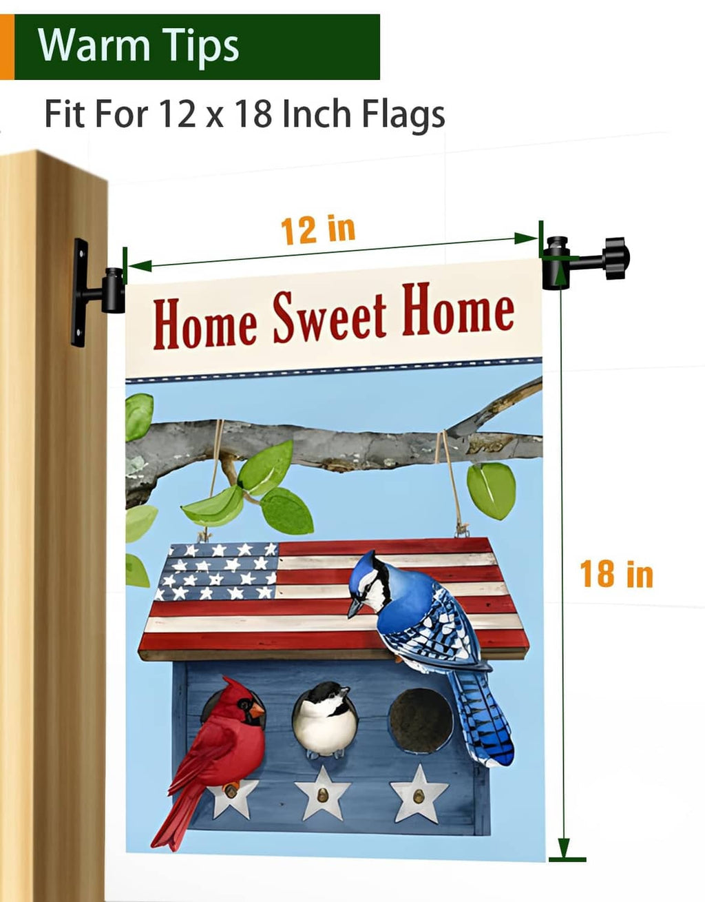 Black metal flag holder stand sized for 12 x 18 inch flags, with push-button clips