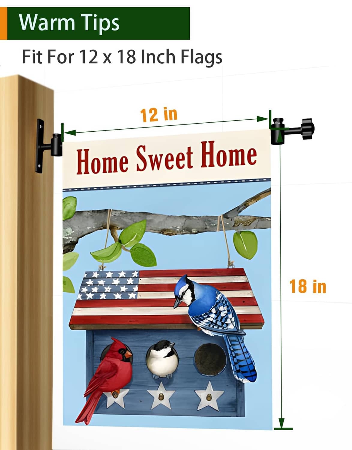 Black metal flag holder stand sized for 12 x 18 inch flags, with push-button clips