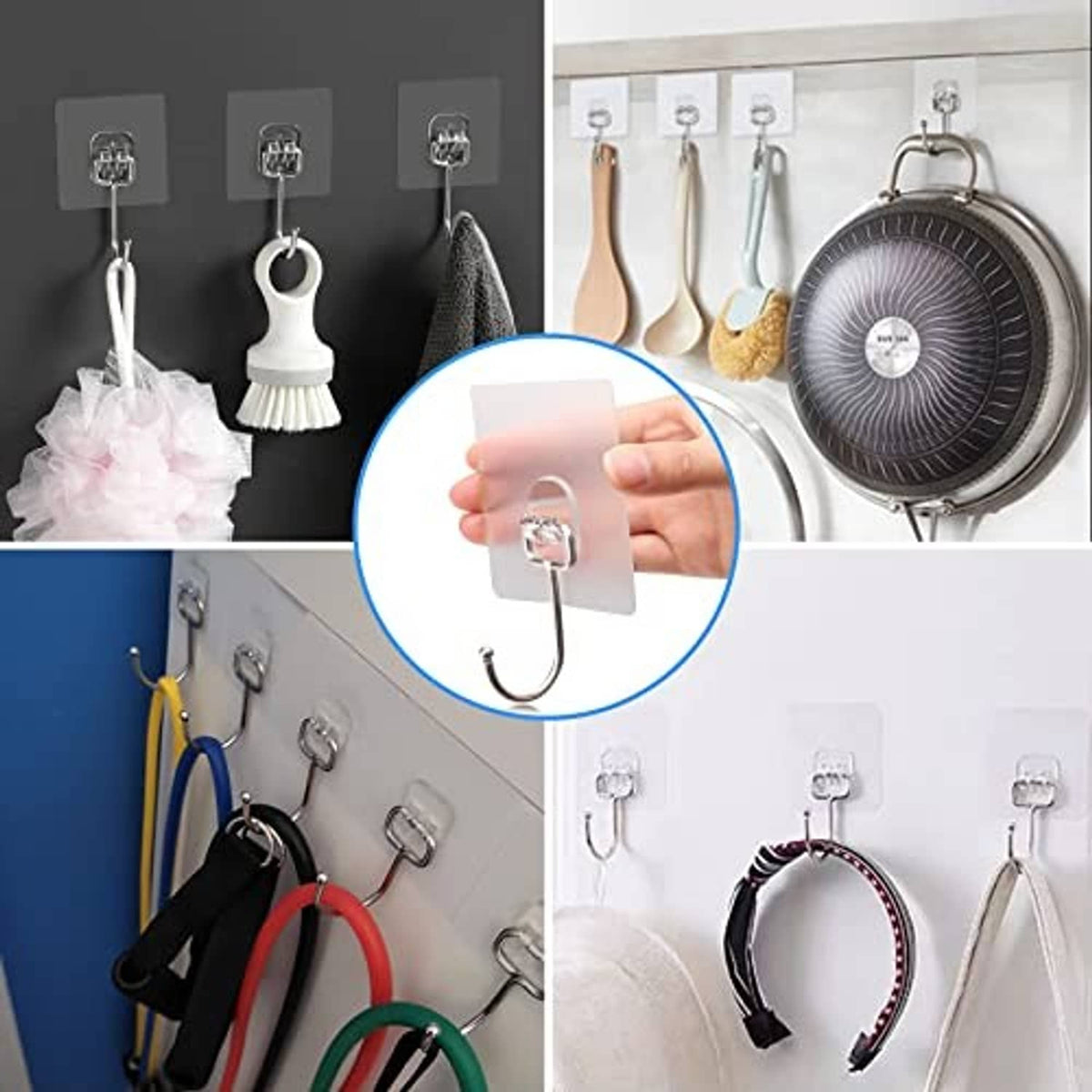 Chrome adhesive hanging hooks shown on multiple walls, with hook mounted in center