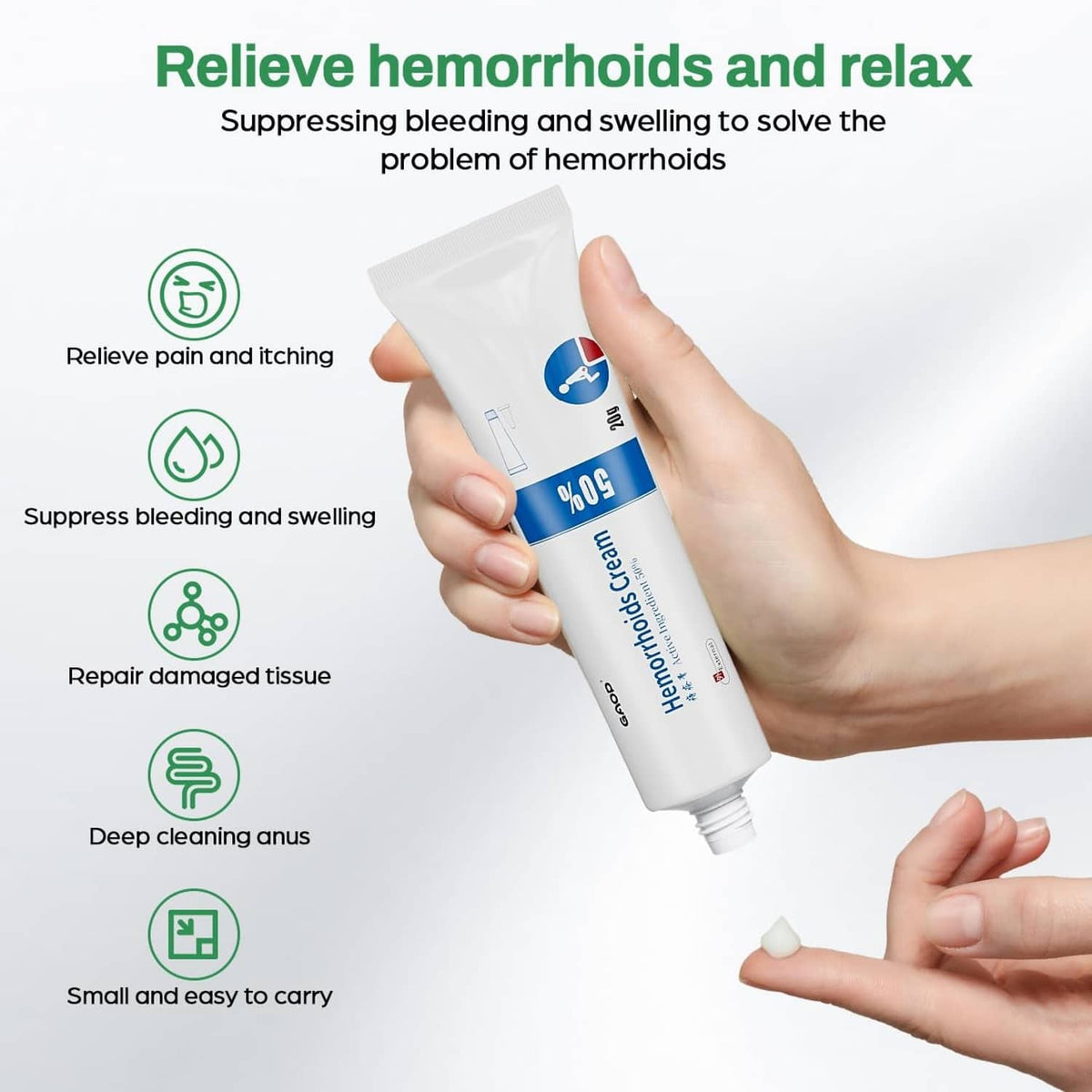 White hemorrhoid cream tube with blue % 50 label, 20 g, held in a hand