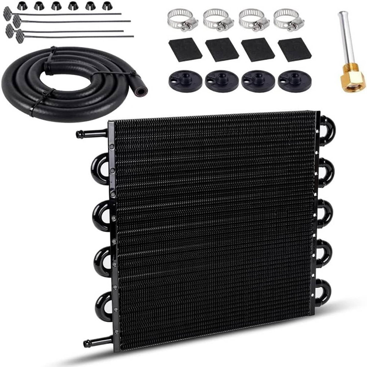 Transmission oil cooler radiator converter kit with black hoses and mounting hardware