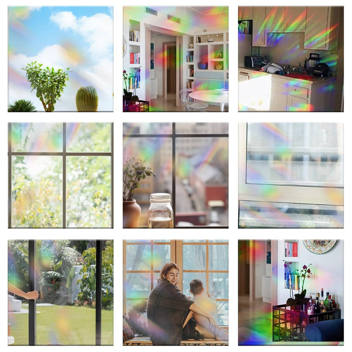 Prism mosaic window decals on glass, rainbow iridescent circles and ovals