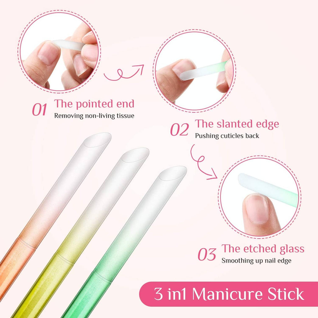 Glass manicure stick with pointed end and slanted edge, etched glass nail pusher