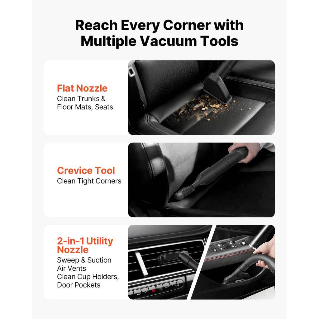 Shop vacuum with three included nozzle tools: flat nozzle, crevice tool, utility