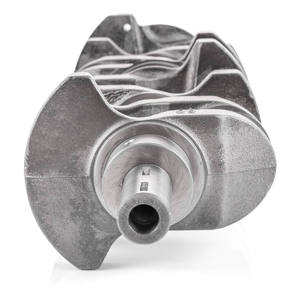 Crankshaft journal housing end with mounting bolt holes, metallic finish