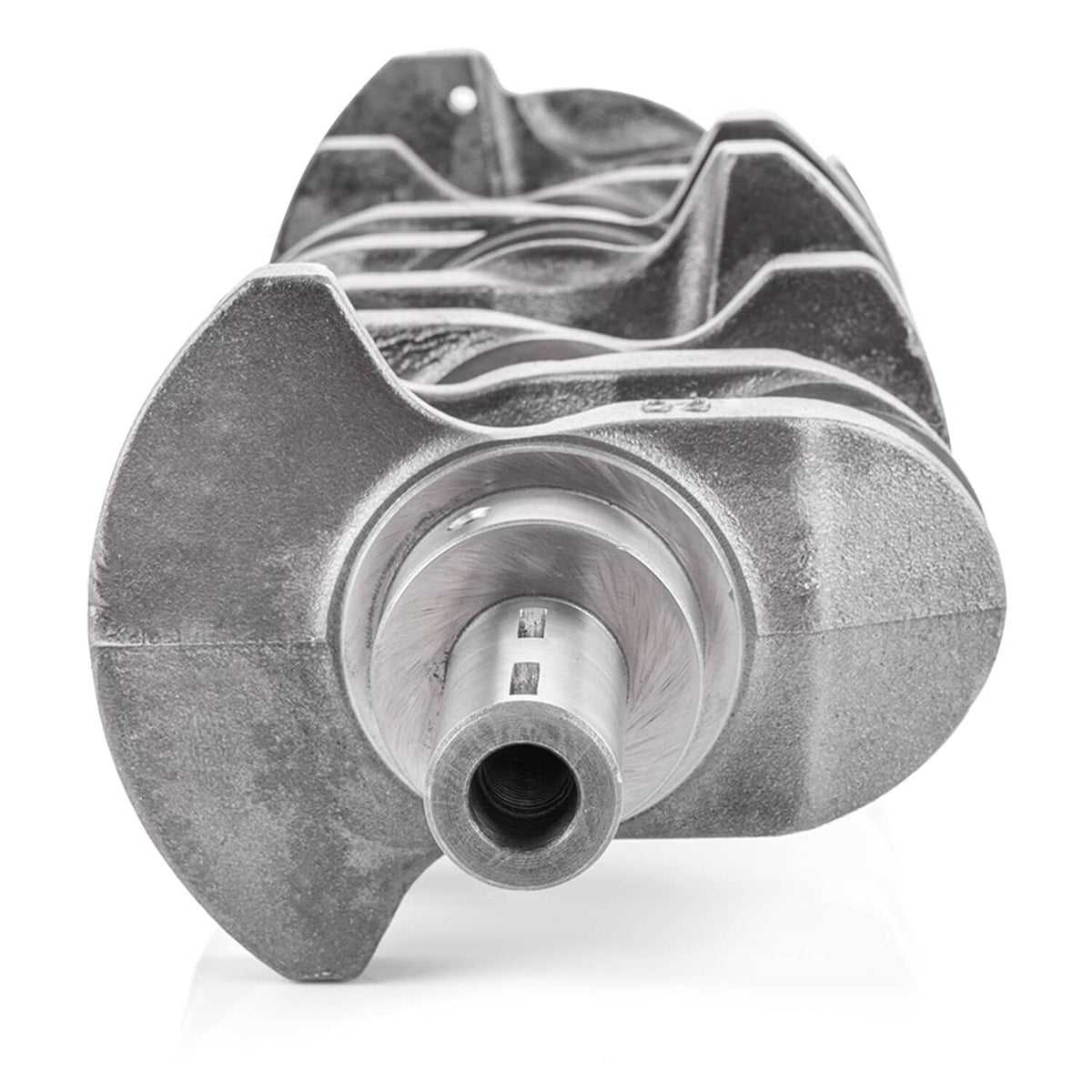 Crankshaft journal housing end with mounting bolt holes, metallic finish
